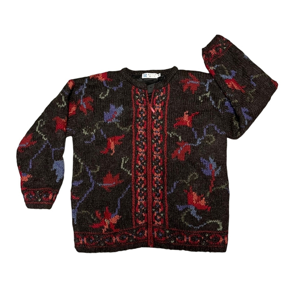 Icelandic Design Sweaters - Vintage Icelandic Design Gray Floral Wool Zip Up Lined Cardigan Coat Size Medium